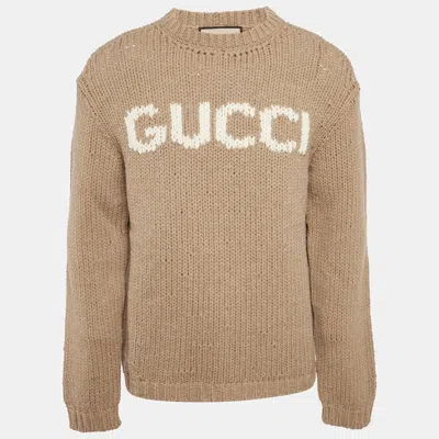 Pre-owned Gucci Brown Logo Intarsia Rib Knit Sweater L In Sand