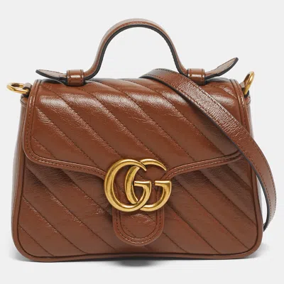 Pre-owned Gucci Brown Matelassé Leather Mini Gg Marmont Top Handle Bag