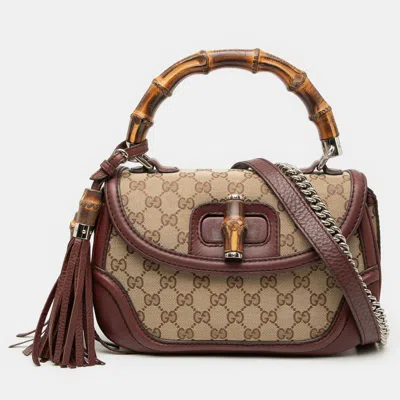 Pre-owned Gucci Brown Medium Gg Canvas Bamboo Top Handle Bag