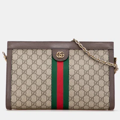 Pre-owned Gucci Brown Medium Gg Supreme Ophidia Web Chain Shoulder Bag