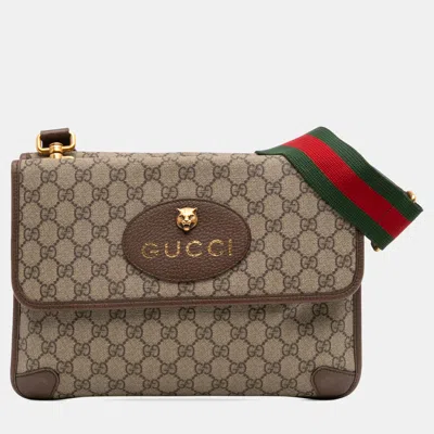 Pre-owned Gucci Brown Medium Gg Supreme Web Neo Vintage Double Flap Messenger Bag In Sand