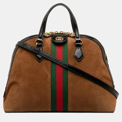 Pre-owned Gucci Brown Medium Web Ophidia Suede Satchel