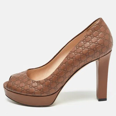 Pre-owned Gucci Brown Microssima Leather Peep Toe Platform Pumps Size 37.5