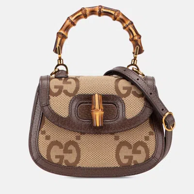 Pre-owned Gucci Brown Mini Jumbo Gg Canvas 1947 Bamboo Top Handle Bag