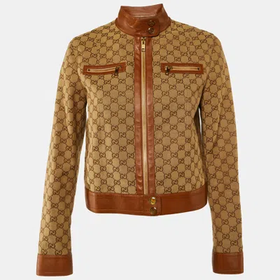 Pre-owned Gucci Brown Monogram Canvas & Leather Trim Jacket M