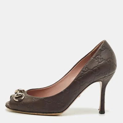 Pre-owned Gucci Brown Monogram Leather Jolene Horsebit Pumps Size 35