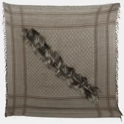 Pre-owned Gucci Brown Monogram Silk Wool Fox Fur Trim Wrap Shawl