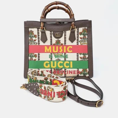 Pre-owned Gucci Brown Multicolor Canvas And Leather Diana Tote And Shoulder Bag (681151)
