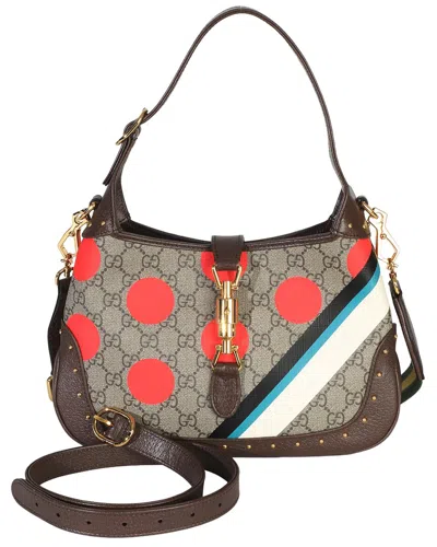 Pre-owned Gucci Brown; Multicolor Canvas Gg Supreme Monogram Web Geometric Studded Small Jackie 1961 H (authen