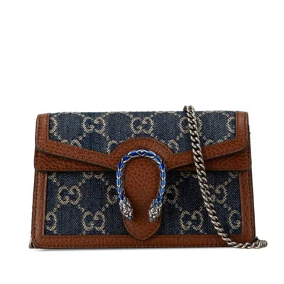 Pre-owned Gucci Brown Navy Denim Leather Shoulder Bag () In Brown, Navy