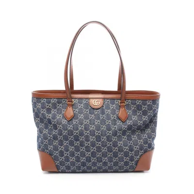 Pre-owned Gucci Brown Navy Denim Leather Tote Bag ()