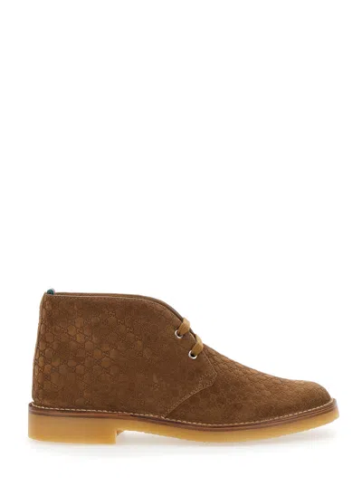 Gucci Brown Oxford Shoes With Web Detail On The Heel And Low Heel In Gg Canvas Man
