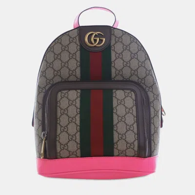 Pre-owned Gucci Brown Pink Small Gg Supreme Ophidia Web Backpack