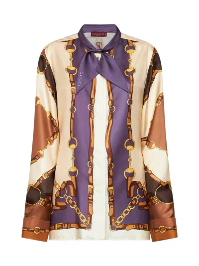 Gucci Brown Printed Silk Twill Shirt In Multi