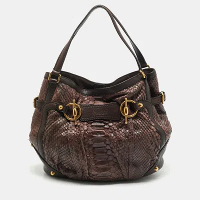 Pre-owned Gucci Brown Python Horsebit Jockey Tote