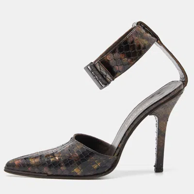 Pre-owned Gucci Brown Python Pointed Toe Ankle Strap Sandals Size 36