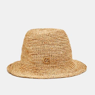 Pre-owned Gucci Brown Raffia Bucket Hat M