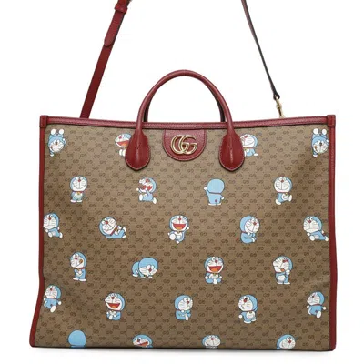 Pre-owned Gucci Brown Red Color Gg Supreme Leather Shoulder Bag Tote Bag ()