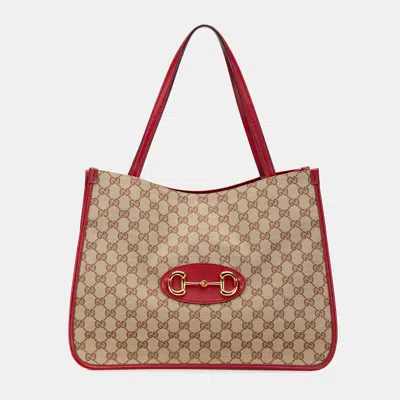 Pre-owned Gucci Brown Red Gg Canvas Horsebit 1955 Tote
