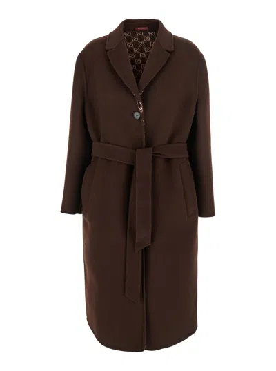 Gucci Brown Reversible Double-breasted Coat With Notched Revers And Belt In Wool Woman