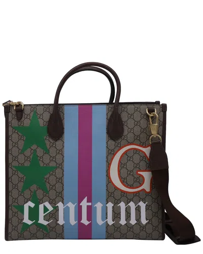 Gucci Brown Sheep Leather Medium Gg Supreme Centum Printed Tote (authentic Pre-loved)