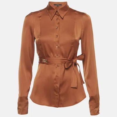 Pre-owned Gucci Brown Silk Satin Belted Button Front Shirt S