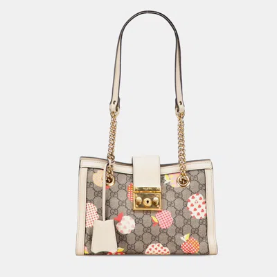 Pre-owned Gucci Brown Small Gg Supreme Apple Heart Padlock Tote In White