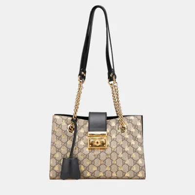 Pre-owned Gucci Brown Small Gg Supreme Bee Padlock Tote