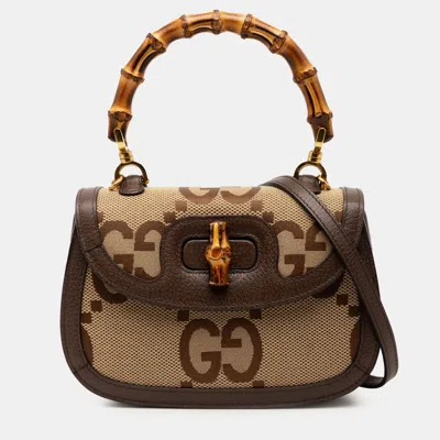 Pre-owned Gucci Brown Small Jumbo Gg Canvas Bamboo 1947 Top Handle Bag