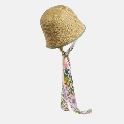 Pre-owned Gucci Brown Straw Ribbon Cloche Hat M