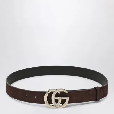 Gucci Brown Suede Belt With Bamboo Gg Marmont Buckle