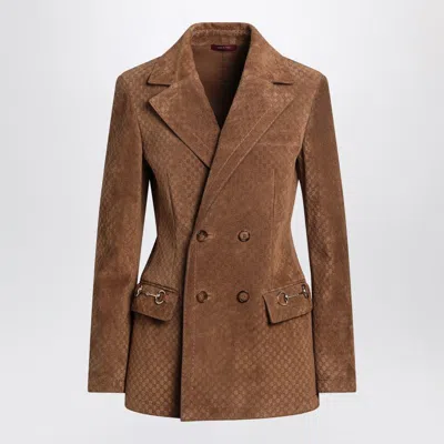 Gucci Double-breasted Brown Jacket In Suede Gg Women