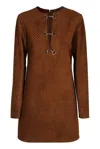 Gucci Brown Dress With Front Horsebit Details And All-over Gg Motif In Suede Woman In Brown