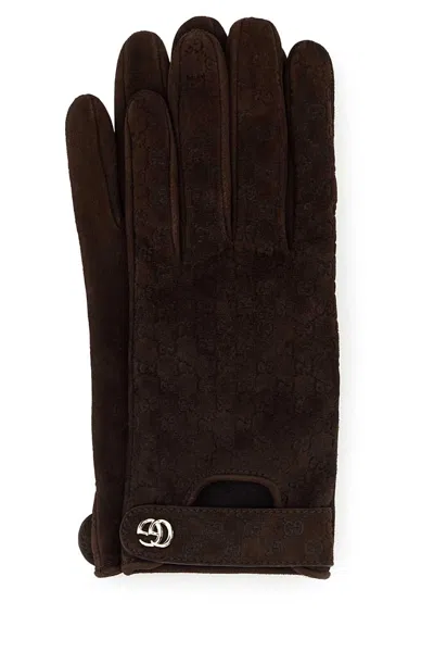 Gucci Suede Texture Monogram Pattern Fitted Gloves In Burgundy