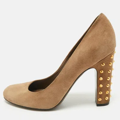 Pre-owned Gucci Brown Suede Jacqueline Studded Block Heel Pumps Size 39