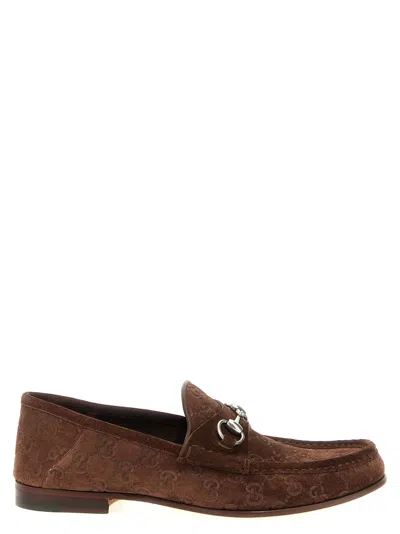 Gucci Men Suede Loafers With All-over Gg Motif In Brown