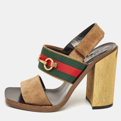 Pre-owned Gucci Brown Suede Web Horsebit Block Heel Slingback Sandals Size 37.5