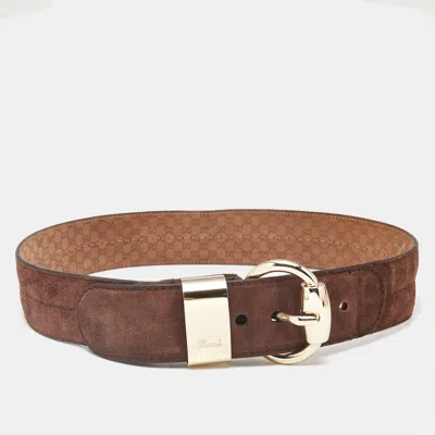 Pre-owned Gucci Brown Suede Wide Buckle Belt 95 Cm