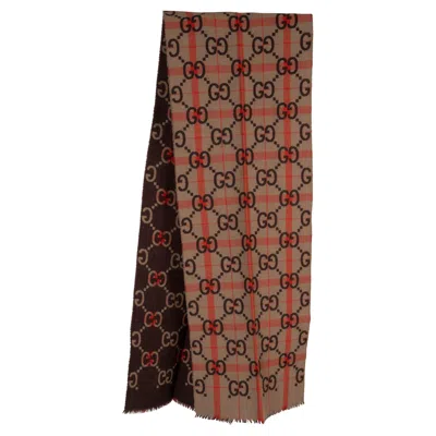Pre-owned Gucci Brown Tan Orange Wool 2023 Gg Jacquard Muffler Scarf