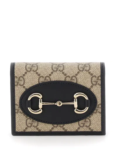 Gucci Brown Wallet With Metal Buckle On The Front And All-over Gg Motif In Fabric Woman