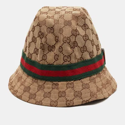Pre-owned Gucci Brown Web Striped Monogram Jacquard Canvas Bucket Hat M