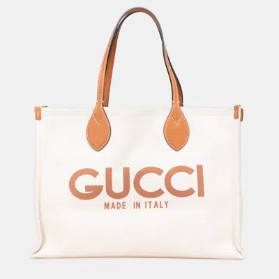 Pre-owned Gucci Brown White Large Canvas Logo Tote
