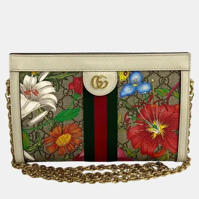 Pre-owned Gucci Brown White Leather Ophidia Flora Chain Shoulder Bag