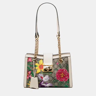 Pre-owned Gucci Brown White Small Gg Supreme Flora Padlock Tote