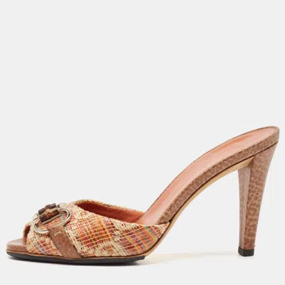 Pre-owned Gucci Brown Woven Straw And Leather Bamboo Horsebit Slide Sandals Size 37