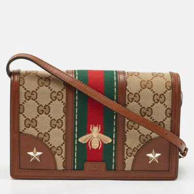 Pre-owned Gucci Brown/beige Canvas And Leather Bee Web Wallet On Strap