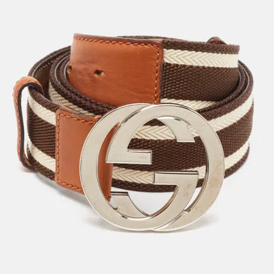 Pre-owned Gucci Brown/beige Canvas And Leather Interlocking G Buckle Belt 105 Cm