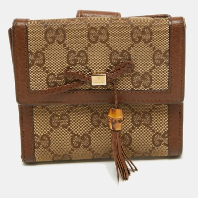 Pre-owned Gucci Brown/beige Gg Canvas And Leather Bamboo Tassel Compact Wallet