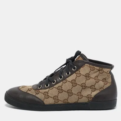 Pre-owned Gucci Brown/beige Gg Canvas And Leather Lace Up High Top Sneakers Size 35