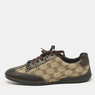 Pre-owned Gucci Brown/beige Gg Canvas And Leather Low Top Sneakers Size 35.5